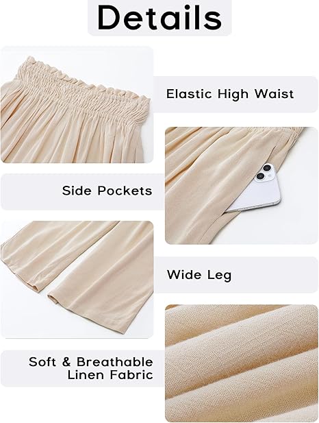 ⏰Pantalon Capri Femme Taille Haute À Jambe Large en Lin Élastique Smocké