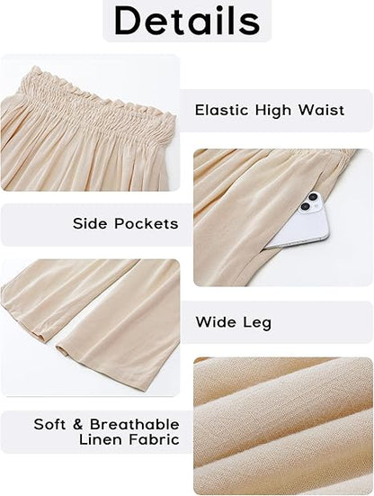 ⏰Pantalon Capri Femme Taille Haute À Jambe Large en Lin Élastique Smocké