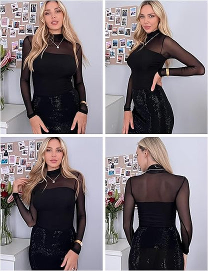 💃Dernier jour des soldes -50 % de réduction🎉Haut à manches longues transparent en maille scintillante pour femme