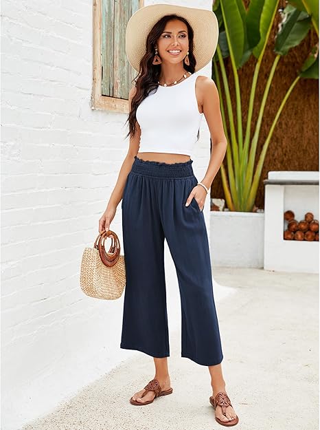 ⏰Pantalon Capri Femme Taille Haute À Jambe Large en Lin Élastique Smocké