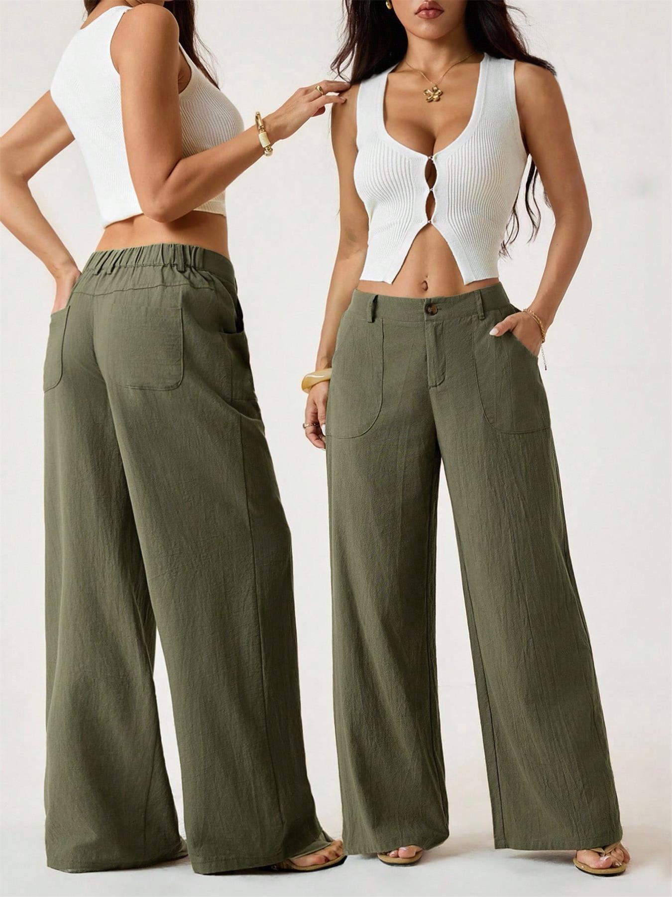 Pantalon large pour femme, avec poches et taille haute