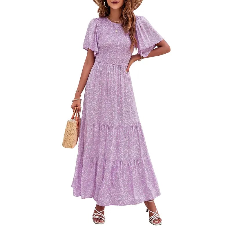 ⏰Promotion exceptionnelle : 50 % de réduction👗Robe longue fluide pour femme, style décontracté, à imprimé floral, manches flottantes, smockée et taille haute