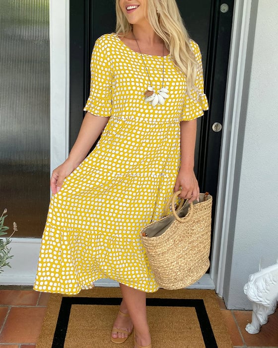 💝VENTE ESTIVALE CHAUDE 50% DE RÉDUCTI💝Robe Midi à Pois et Col Rond