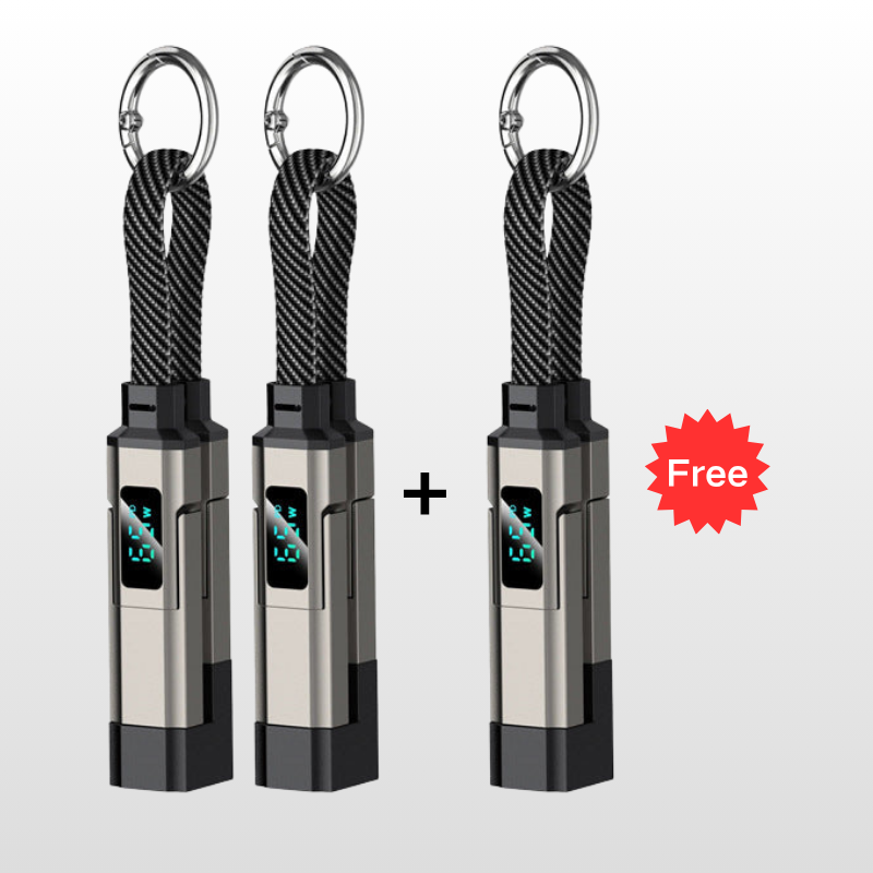 💥 Offre spéciale : Achetez 2, recevez 1 GRATUIT !🔌 Câble de charge 4 en 1 avec affichage numérique et anneau porte-clés – charge rapide, résistant aux nœuds et compact