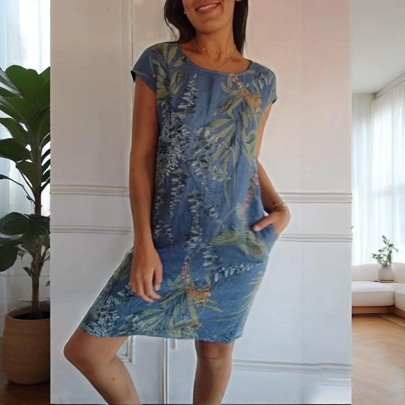 🌷Vente de printemps 53% de réduction🍀Robe à col rond à imprimé botanique pour femmes
