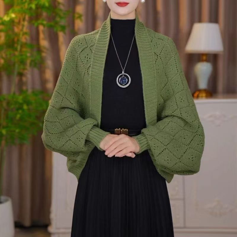 Cardigan-châle Tricoté Élégant à Motifs Ajourés pour Femmes