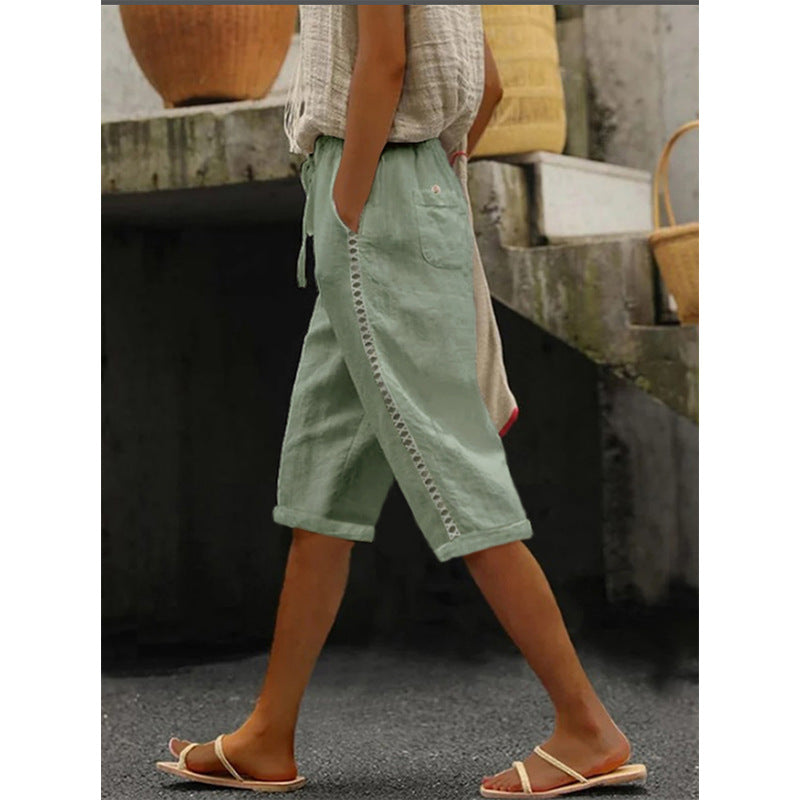 Pantalon capri d’été femme avec dentelle ajourée