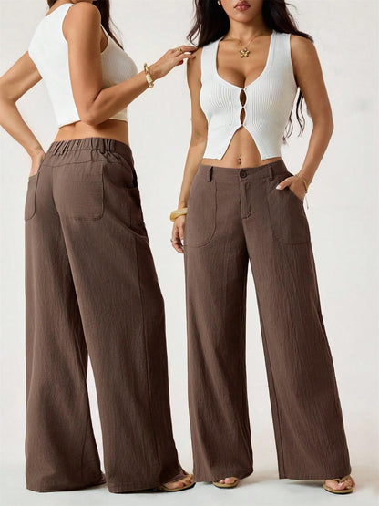 Pantalon large pour femme, avec poches et taille haute