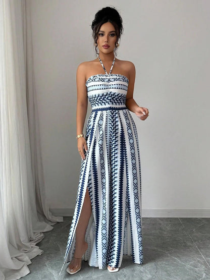 👗 PROMO LIMITÉE 50% DE RÉDUCTION ! 💥 Combinaison Motifs Géométriques – Encolure Dos Nu, Fente Latérale, Polyvalente ✨