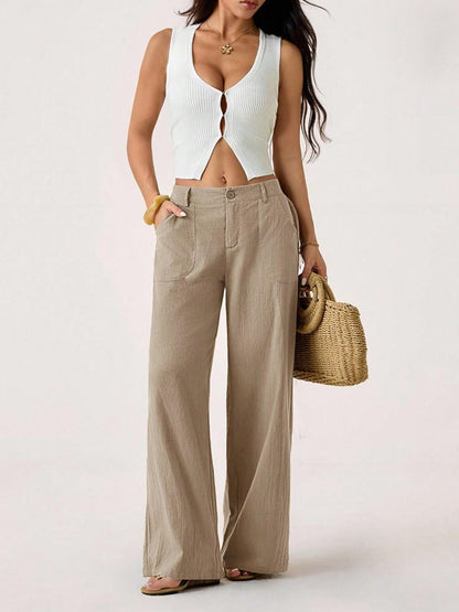 Pantalon large pour femme, avec poches et taille haute