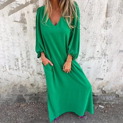 🔥Vente chaude 49% OFF🔥Robe à manches lanterne à col en V de couleur unie