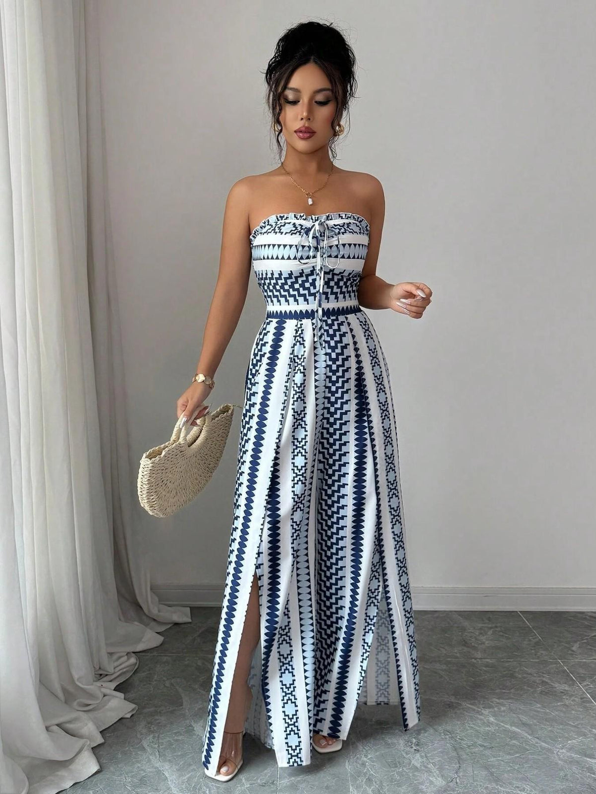 👗 PROMO LIMITÉE 50% DE RÉDUCTION ! 💥 Combinaison Motifs Géométriques – Encolure Dos Nu, Fente Latérale, Polyvalente ✨