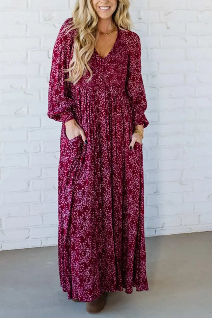 🎅49 % de réduction 💃 Robe longue doublée à taille smockée en rayonne à fleurs pour femme