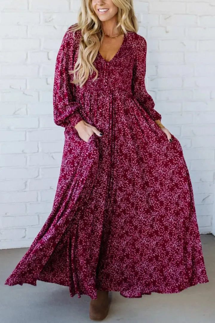 🎅49 % de réduction 💃 Robe longue doublée à taille smockée en rayonne à fleurs pour femme