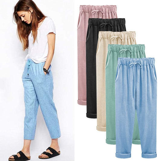 🔥Nouvelle vente chaude 🔥Pantalon ample à neuf points pour femme, couleur unie, taille élastique