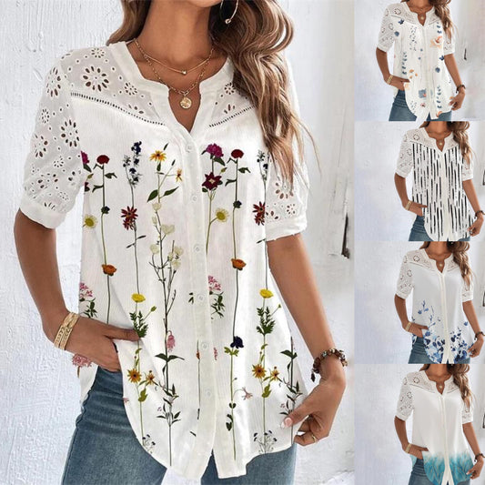 Chemise à fleurs décontractée à col en V pour femmes