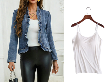 🧥 60% DE RÉDUCTION! ✨ Veste Jean Femme – Volants, Ouverture, Léger, Décontracté ✨