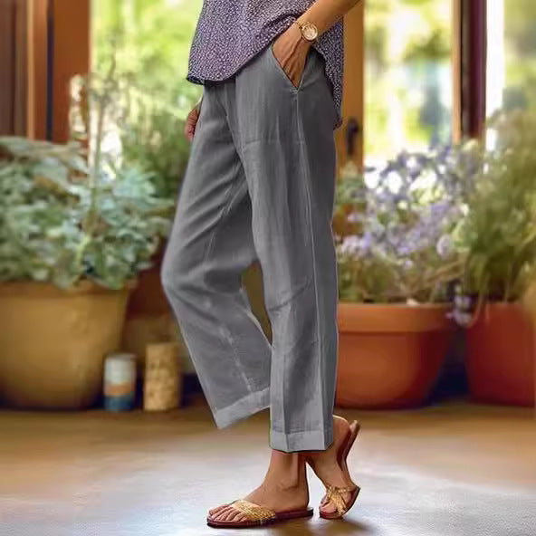 ⏳Offre à durée limitée⏰Pantalon décontracté ample en coton et lin, à taille élastiquée et poches