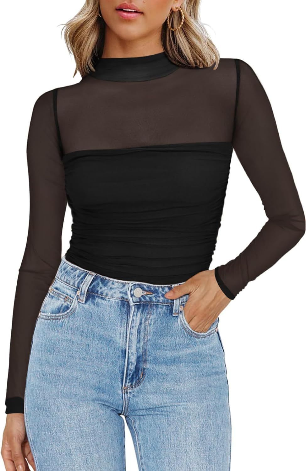 💃Dernier jour des soldes -50 % de réduction🎉Haut à manches longues transparent en maille scintillante pour femme