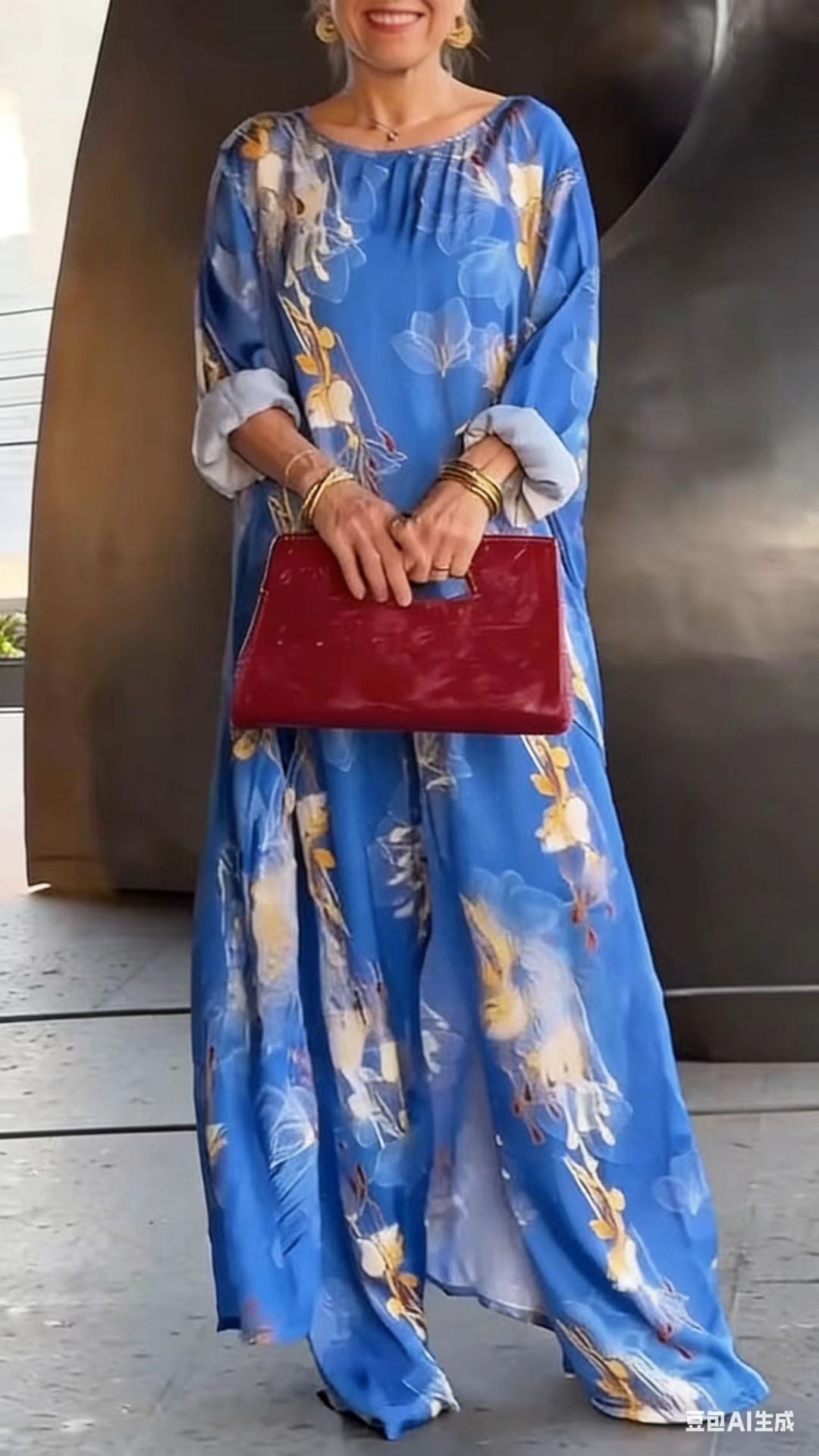 Ensemble tunique asymétrique et pantalon à imprimé floral pour femme