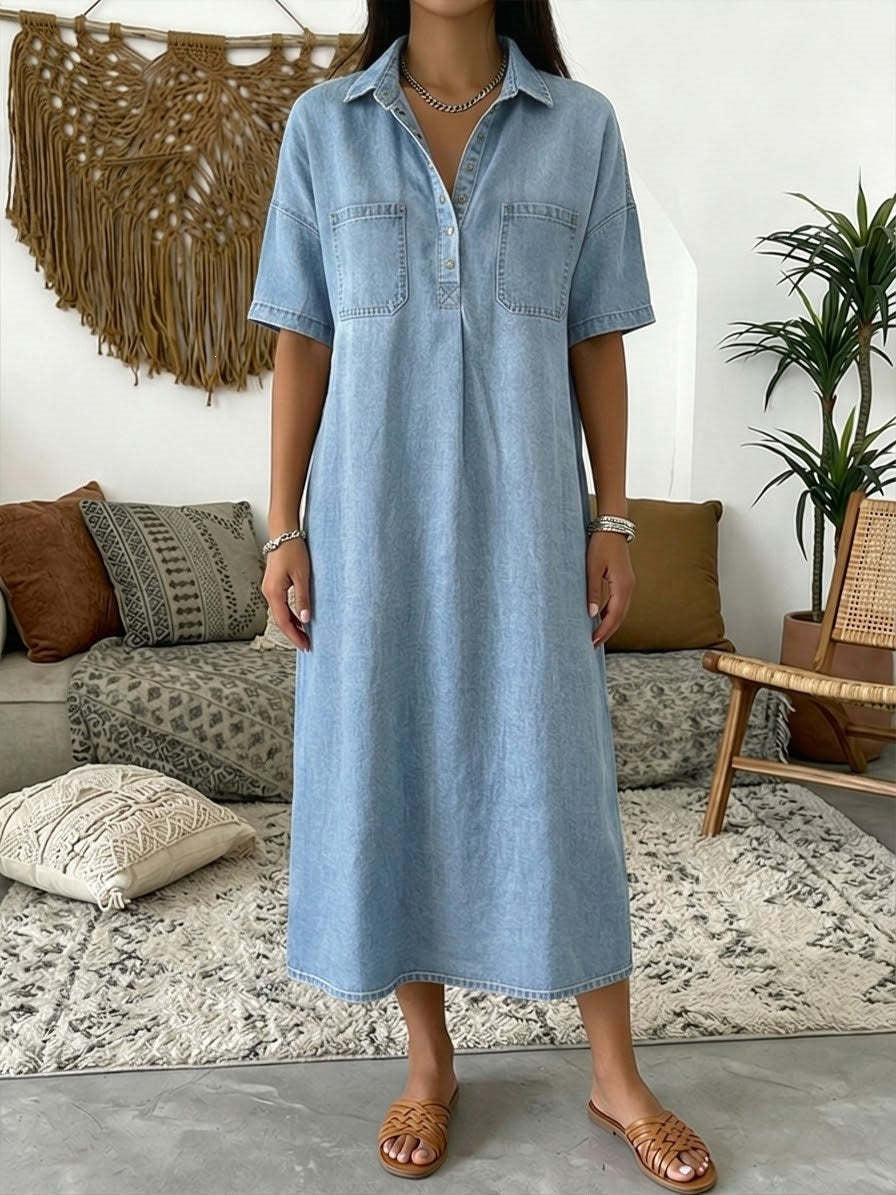 🔥 Dernier jour ! 50 % de réduction sur la robe-chemise midi en jean pour femme avec poches 👖 Une robe d'été décontractée, idéale pour le quotidien – confortable et flatteuse