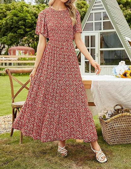⏰Promotion exceptionnelle : 50 % de réduction👗Robe longue fluide pour femme, style décontracté, à imprimé floral, manches flottantes, smockée et taille haute