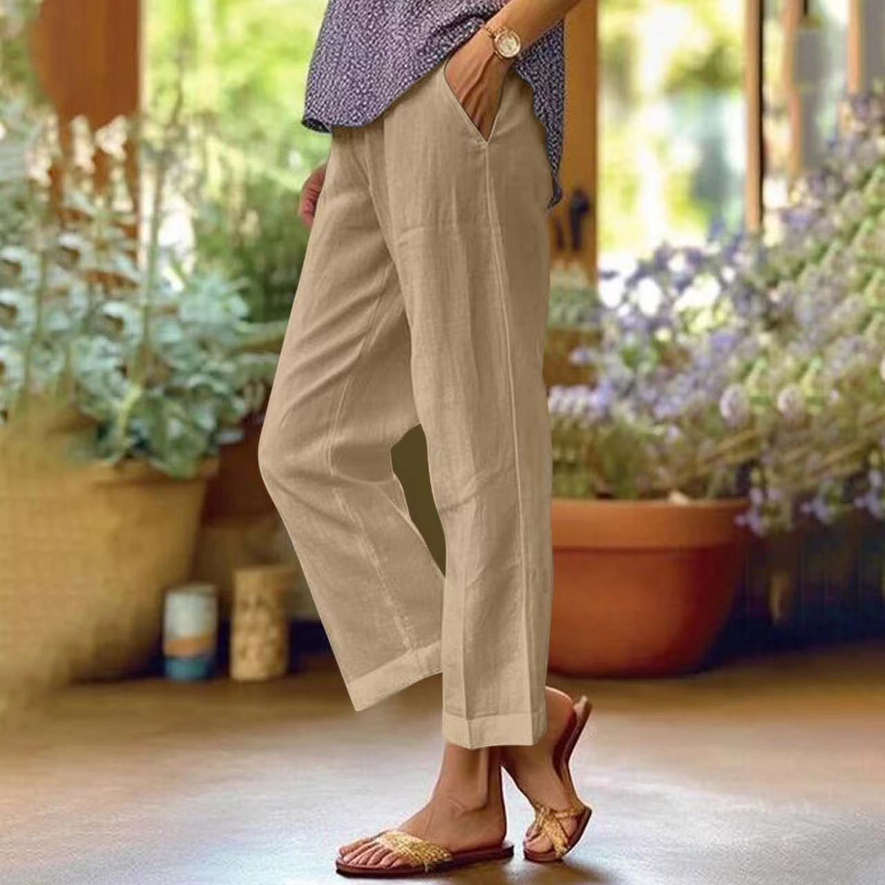 ⏳Offre à durée limitée⏰Pantalon décontracté ample en coton et lin, à taille élastiquée et poches