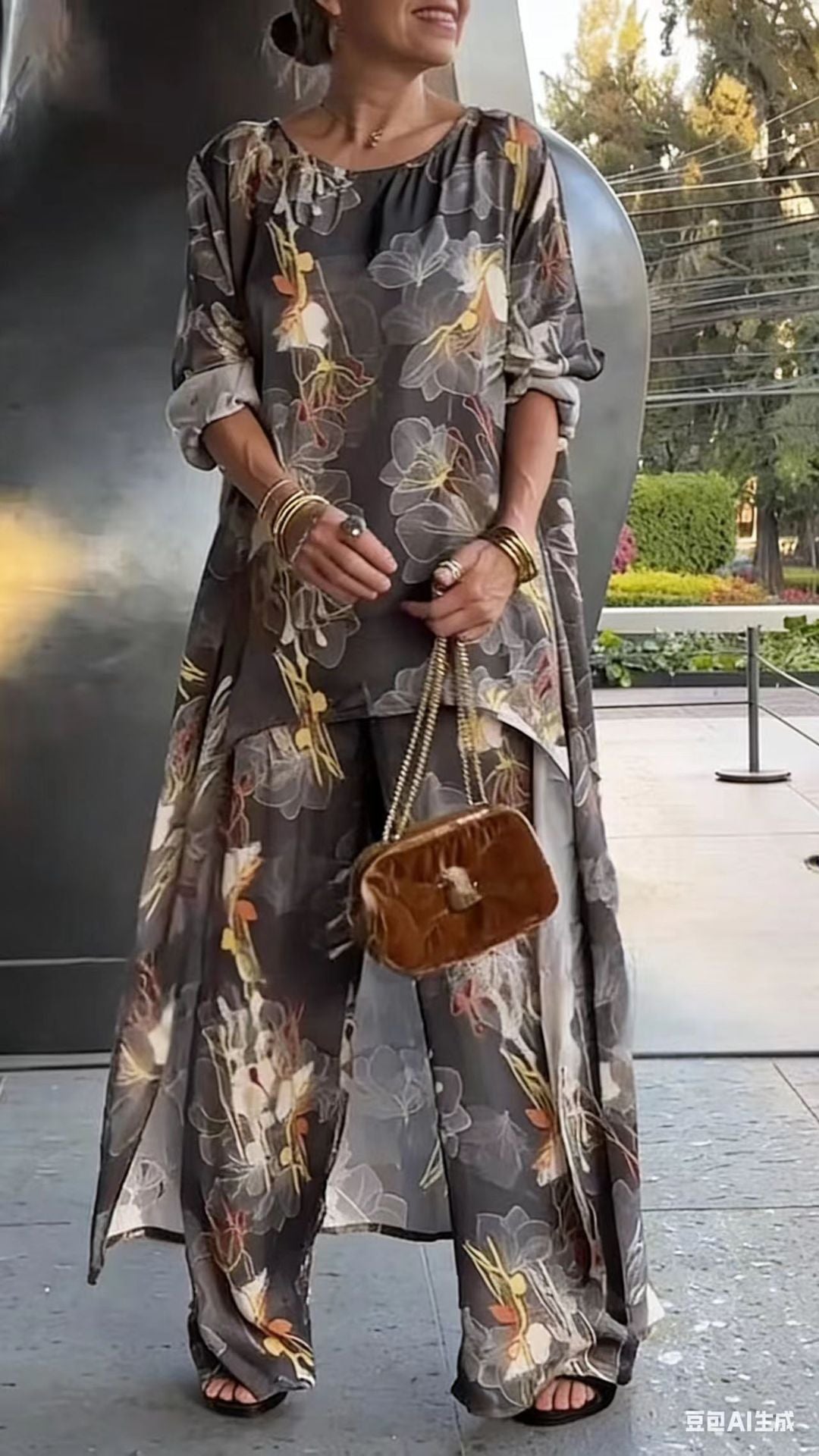 Ensemble tunique asymétrique et pantalon à imprimé floral pour femme