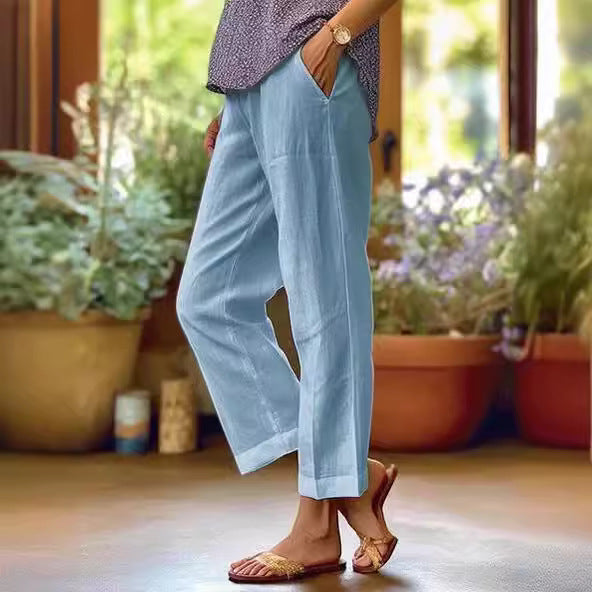 ⏳Offre à durée limitée⏰Pantalon décontracté ample en coton et lin, à taille élastiquée et poches