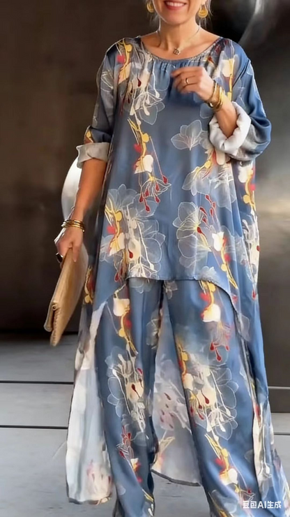 Ensemble tunique asymétrique et pantalon à imprimé floral pour femme