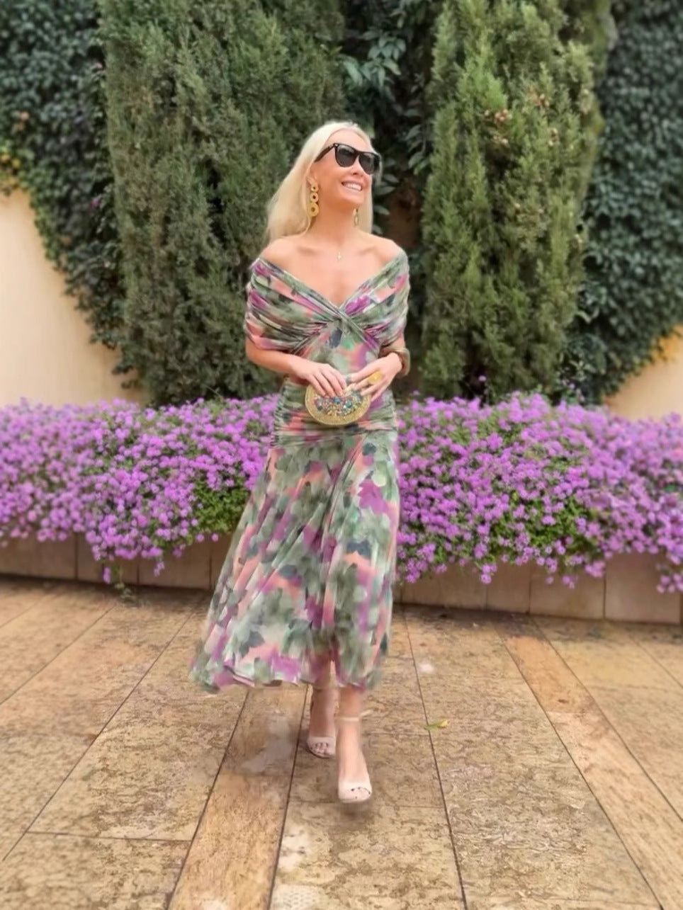 🎁  Vente chaude 49% de réduction 🔥 Robe imprimée à col V hors épaule pour femmes