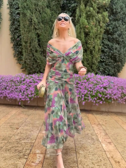 🎁  Vente chaude 49% de réduction 🔥 Robe imprimée à col V hors épaule pour femmes