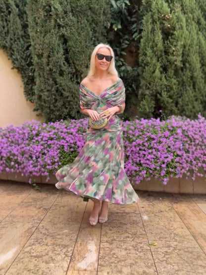 🎁  Vente chaude 49% de réduction 🔥 Robe imprimée à col V hors épaule pour femmes