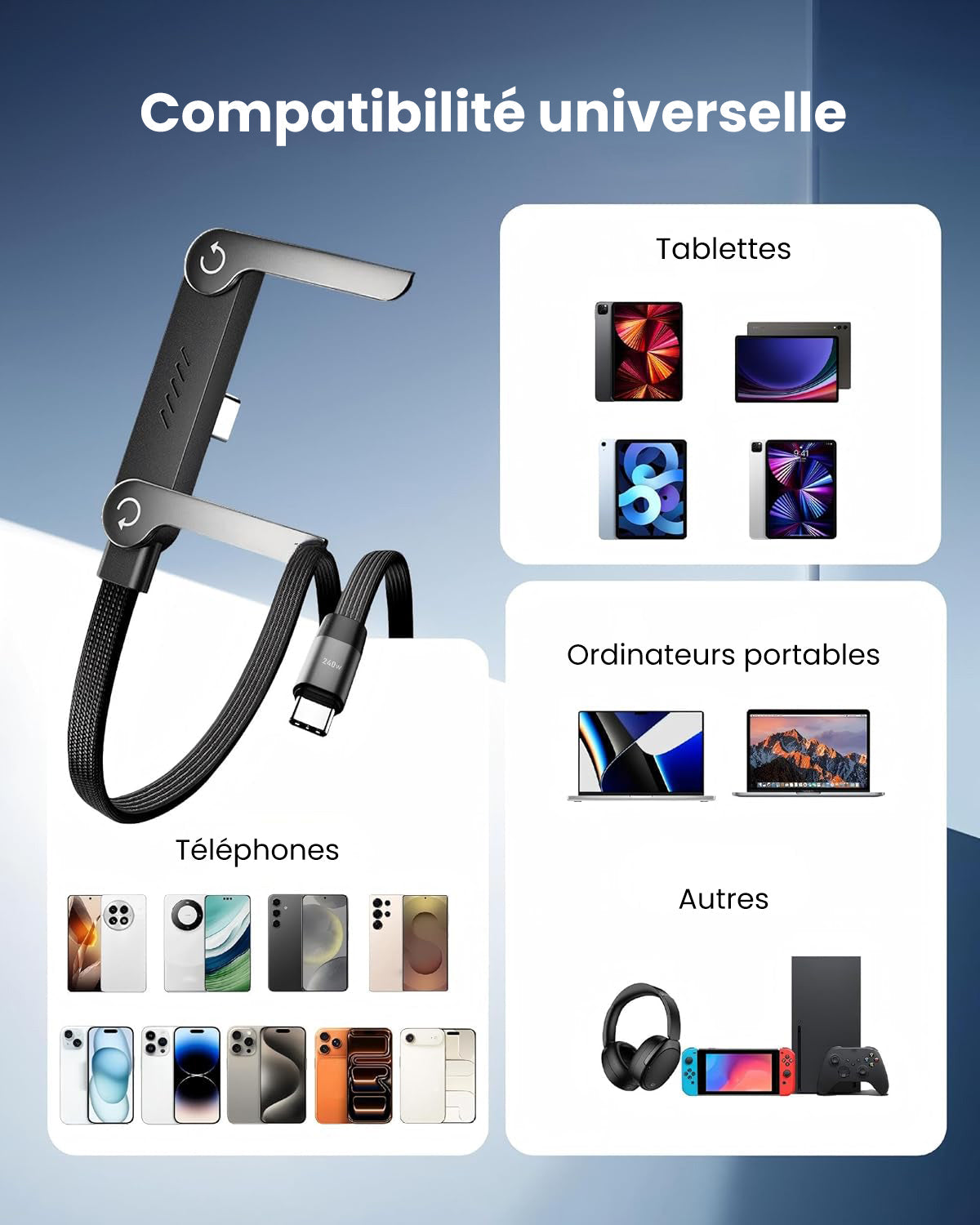 🔥Édition 2026 améliorée - Support de recharge rapide à deux parties avec câble🔥Adaptateur de recharge rapide avec support de téléphone pliable à 360°