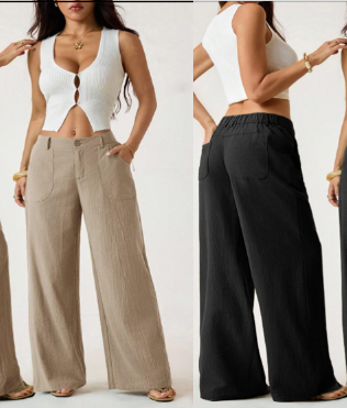 Pantalon large pour femme, avec poches et taille haute
