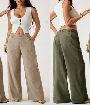 Pantalon large pour femme, avec poches et taille haute
