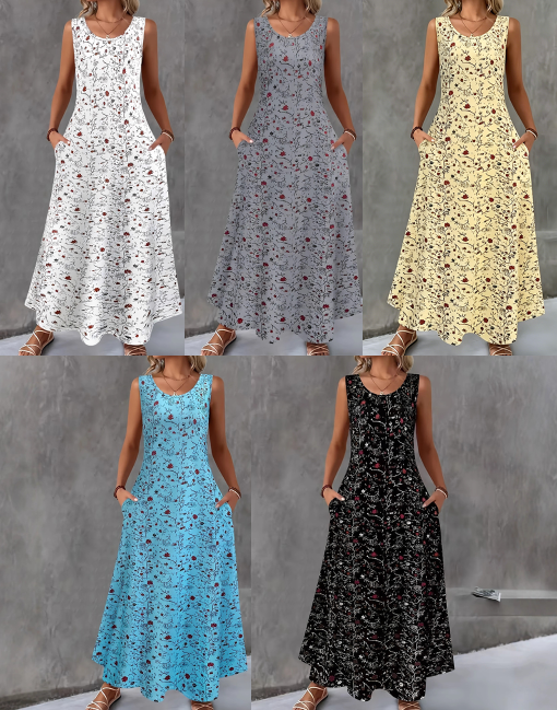 👗 Robe longue à fleurs sans manches pour femme — poches latérales, élégante et confortable 🌸