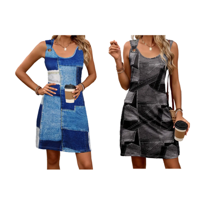 Robe sans manches pour femme, imprimé effet denim, design patchwork élégant 🧵