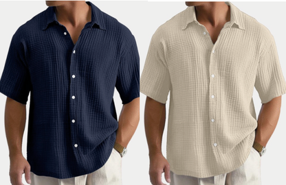 👔 Chemise Homme Manches Courtes en Coton Froissé Léger – Col Chemise Décontractée Été🤍 look chic décontracté pour bureau et quotidien