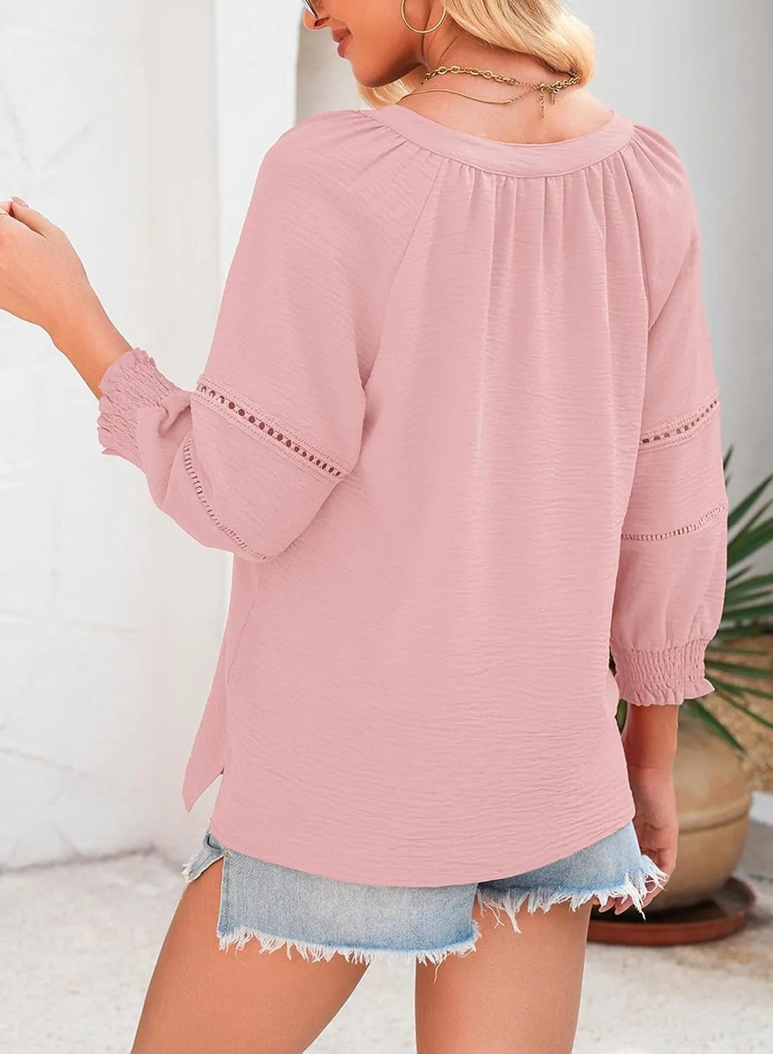 🌸Soldes printemps-été👚T-shirts décontractés à col en V et manches 3/4 évasées pour femme ; chemisier ample plissé avec découpe