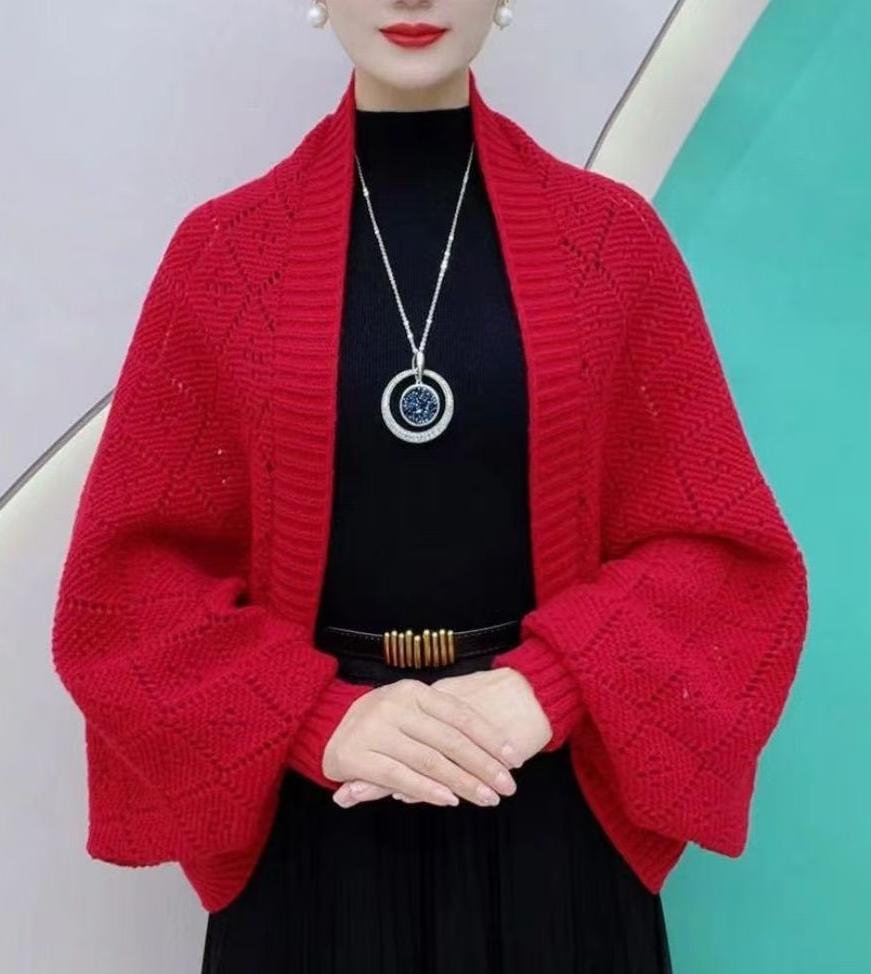 Cardigan-châle Tricoté Élégant à Motifs Ajourés pour Femmes
