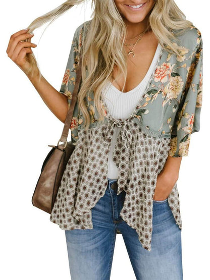 Cardigan pour Femme à Motif Floral avec Manches à Volants et Nœud