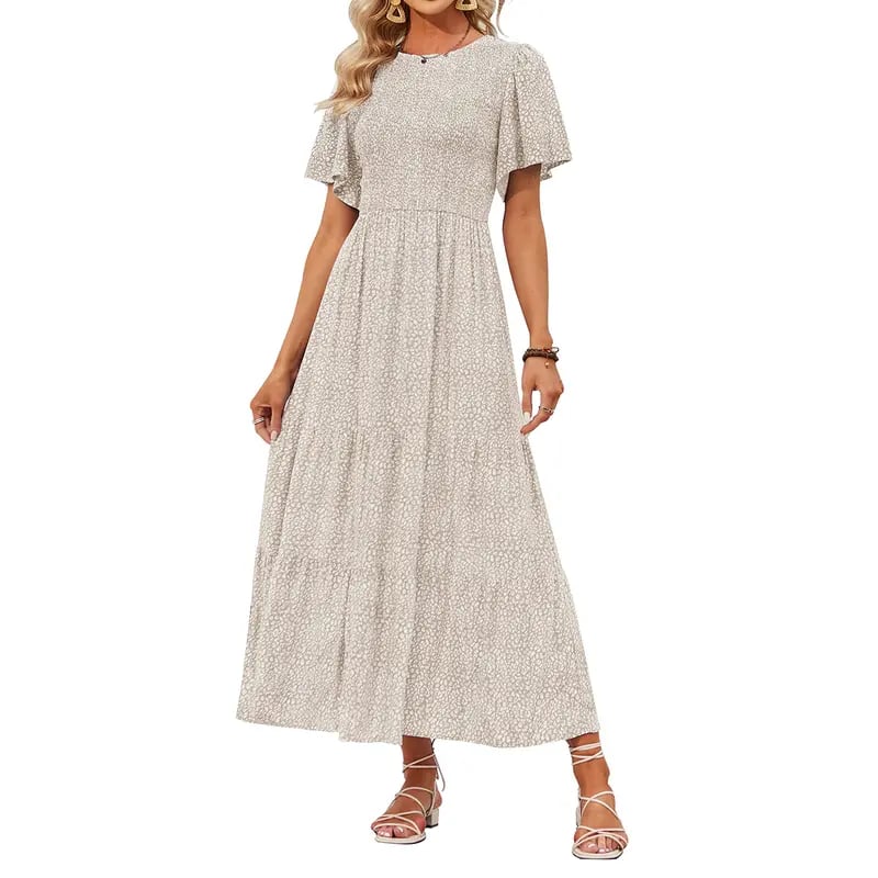 ⏰Promotion exceptionnelle : 50 % de réduction👗Robe longue fluide pour femme, style décontracté, à imprimé floral, manches flottantes, smockée et taille haute