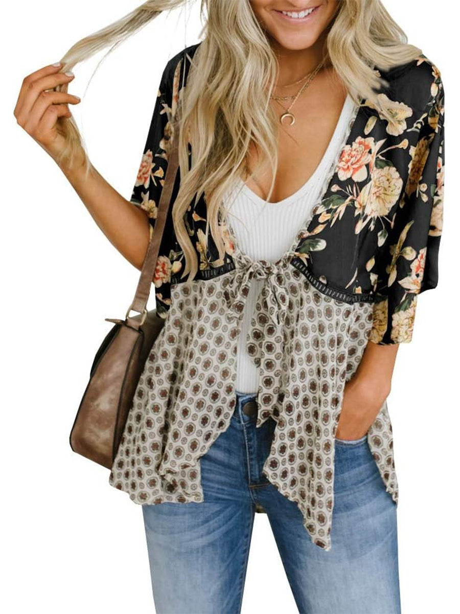 Cardigan pour Femme à Motif Floral avec Manches à Volants et Nœud