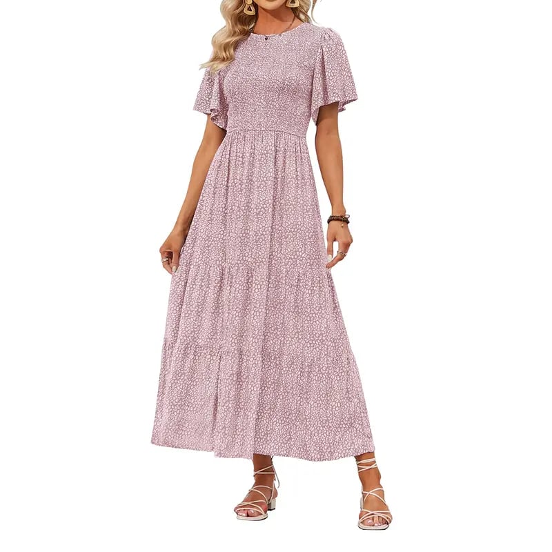 ⏰Promotion exceptionnelle : 50 % de réduction👗Robe longue fluide pour femme, style décontracté, à imprimé floral, manches flottantes, smockée et taille haute