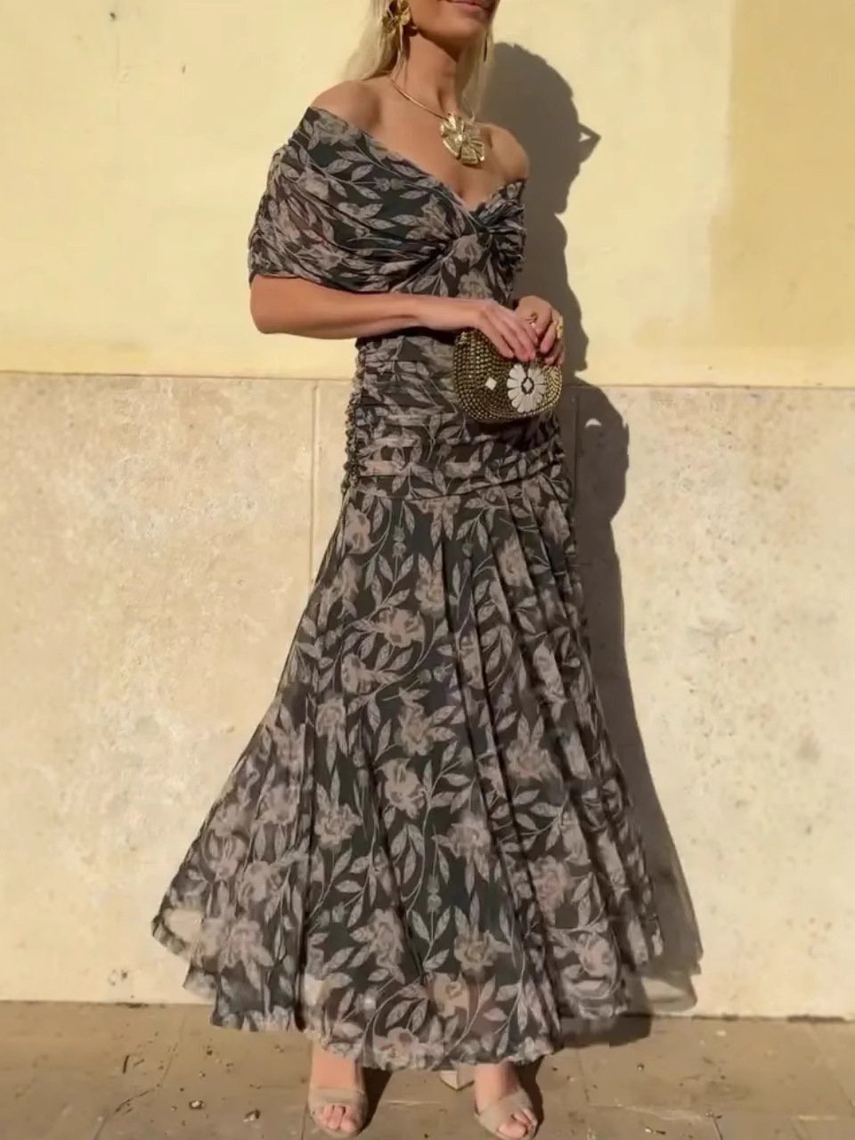 🎁  Vente chaude 49% de réduction 🔥 Robe imprimée à col V hors épaule pour femmes