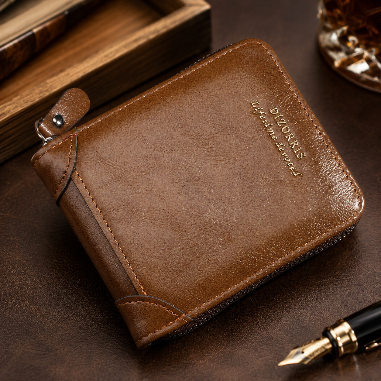 Portefeuille vintage pour homme, court, à fermeture éclair sur tout le pourtour et à trois volet