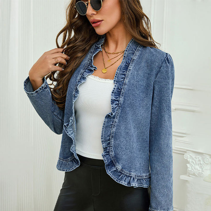 🧥 60% DE RÉDUCTION! ✨ Veste Jean Femme – Volants, Ouverture, Léger, Décontracté ✨