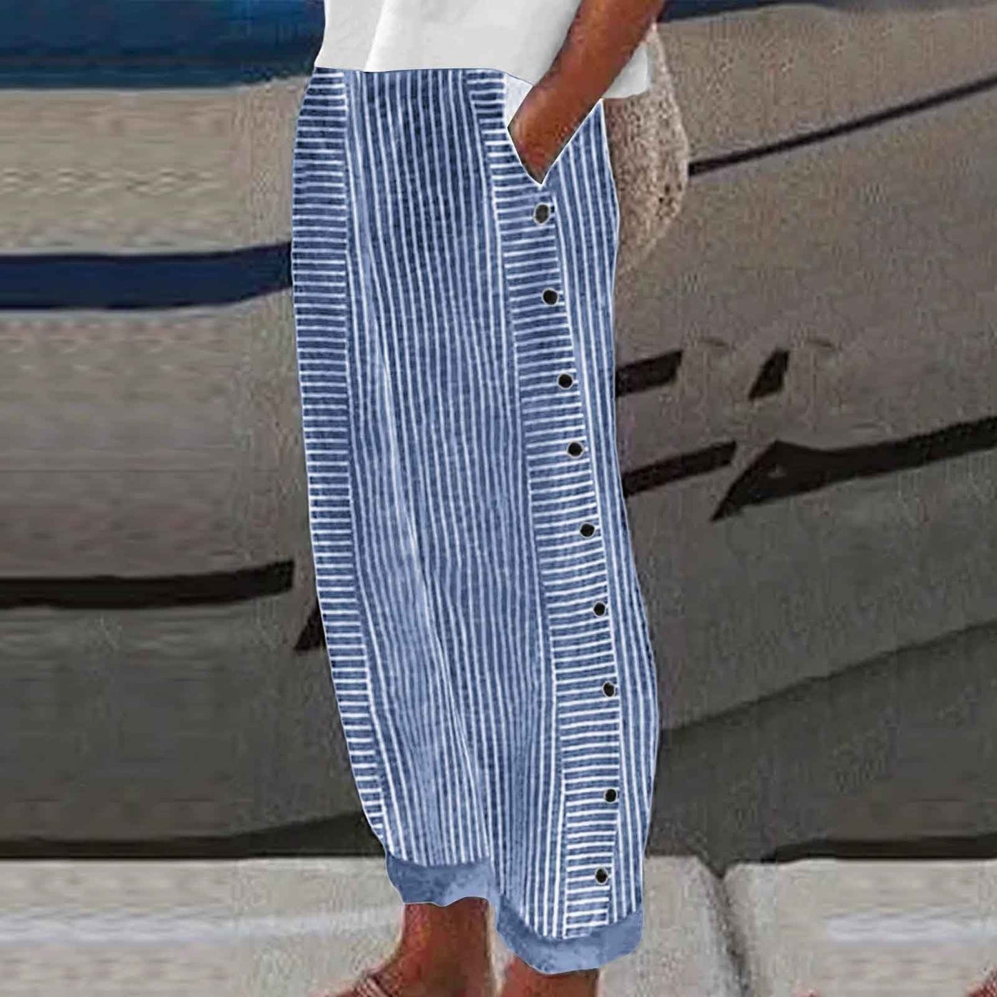 ☀️Promotion de printemps – 50 % DE RÉDUCTION !! 🌿🌸 Pantalon rayé bleu confortable avec poches latérales