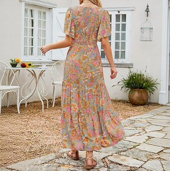⏰Promotion exceptionnelle : 50 % de réduction👗Robe longue fluide pour femme, style décontracté, à imprimé floral, manches flottantes, smockée et taille haute